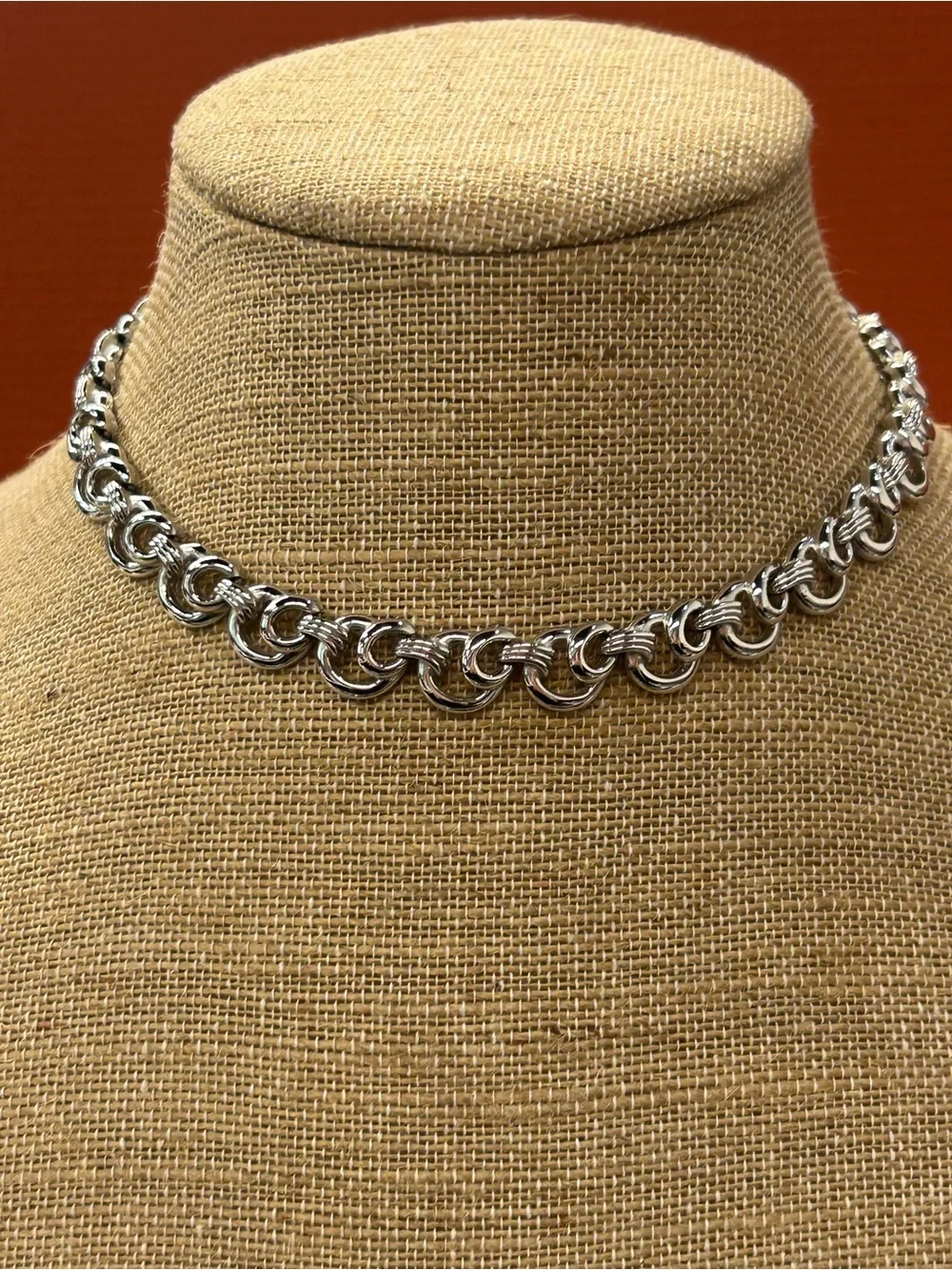 Trifari silver tone modernist choker length necklace with crown T hang tag